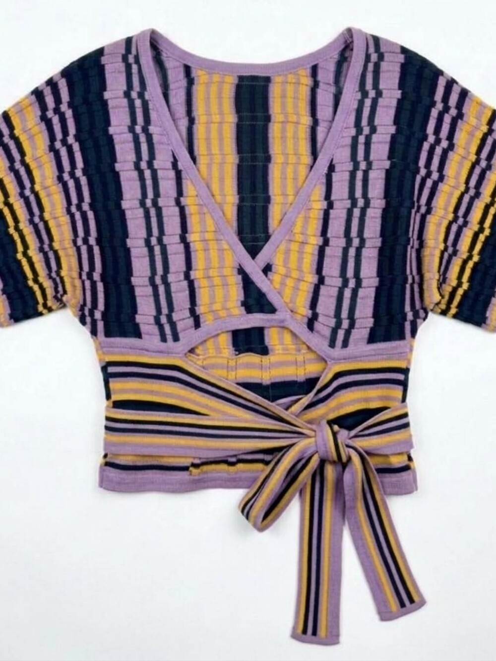 {NWT} BCBGeneration Retro Color Scheme Striped Knit Wrap Top Lavender Mustard